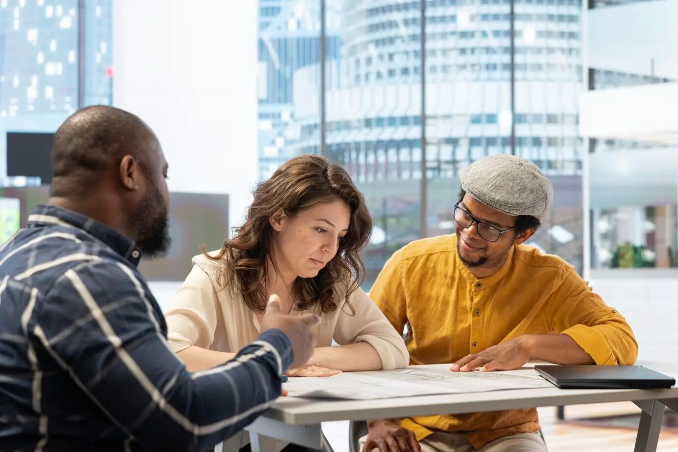 A real estate agent presents the property investment opportunity.